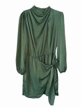 BTFBM Green Faux Wrap Satin Mock Neck Sleeve Dress Size Med NWT